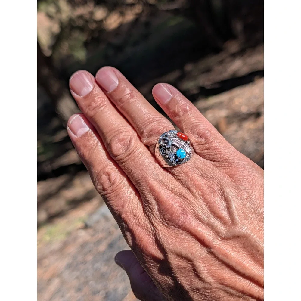Navajo Men's Eagle Ring Sterling Silver Turquoise Signed Grace Smith Sz 11.5 ***